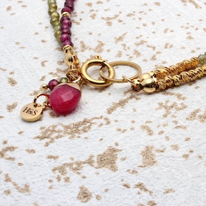Natural Gemstone Layered Necklace- Green Zircon and Garnet necklace with Pink Chalcedony Pendant