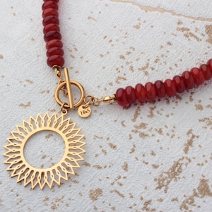 Rondelle Carnelian Beaded Necklace with Gold Sun Charm