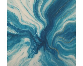 May include: Square abstract art print with a fluid design in shades of blue and white, with subtle gold accents. The artwork has a swirling, wave-like pattern, creating a dynamic composition. The canvas is square.