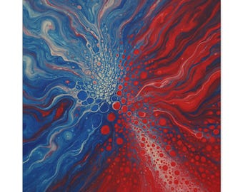 May include: A square canvas featuring an abstract acrylic pour painting with vibrant red and deep blue pigments swirling together. The composition displays a central cluster of white cells and bubbles, creating a dynamic contrast.