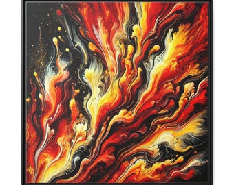 May include: A square framed wall art piece featuring an abstract fluid acrylic pour design. The composition displays swirling, marbled patterns of vibrant red, bright yellow, and white paint against a deep black background with gold speckles.