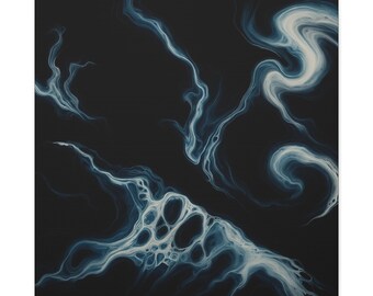 May include: Abstract art print with swirling patterns in white and blue against a dark backdrop. The design suggests movement and fluidity, with organic shapes reminiscent of smoke or water, creating a dynamic visual.