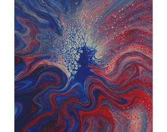 May include: Abstract art print with a fluid design in shades of red, white, and blue. The artwork features swirling patterns and a central area with a textured, cellular appearance. The colours blend and flow, creating a dynamic visual effect.