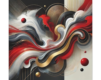 May include: An abstract digital artwork featuring flowing ribbons of red, black, white, and gold. The composition includes swirling lines, circular patterns, and several solid spheres in red, black, and gold against a split black and cream background.