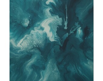 May include: A square canvas print featuring an abstract fluid acrylic pour painting. The composition displays swirling patterns of deep teal, dark navy, and bright white, creating organic, marbled textures with intricate cell-like formations.