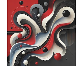 May include: A square abstract wall art piece featuring fluid, layered waves in red, black, white, and grey. The composition includes various spheres of different sizes scattered throughout, creating a sense of depth and movement across the surface.