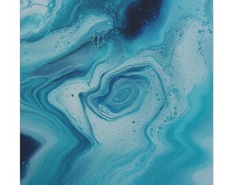 May include: Abstract art print with a fluid, swirling design in shades of blue and white. The artwork features a marbled effect with organic shapes and textures, creating a sense of depth and movement. The colour palette evokes a sense of calm and serenity.