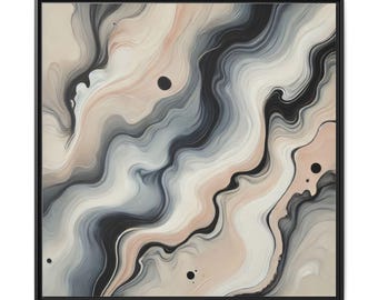 May include: A square wall art piece featuring an abstract fluid painting with flowing, marbled waves of black, slate grey, cream, and soft peach tones. The composition includes several small, solid black circular dots scattered across the surface, all encased within a thin, black frame.