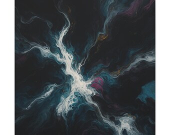 May include: A square canvas painting featuring an abstract fluid art design. The composition is dominated by a deep black background with swirling, marbled streaks of white, teal, dark blue, and magenta paint radiating from the centre.