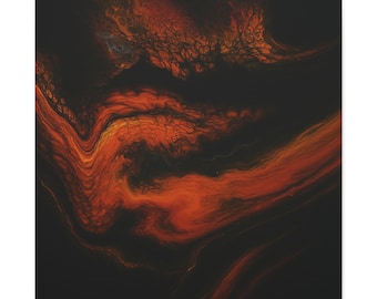 May include: A square canvas featuring an abstract acrylic pour painting with a deep black background and swirling, fluid patterns of vibrant orange, burnt red, and golden yellow hues, creating a marbled effect with distinct cell structures.