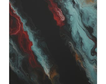 May include: Abstract canvas print with a dark background and flowing patterns of red, teal, and grey. The design has a marbled effect, with the colours blending and swirling to create a unique visual texture.