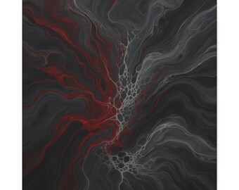 May include: A square canvas print featuring an abstract fluid acrylic pour design. The composition displays swirling patterns of deep black, charcoal grey, and vibrant red, with intricate white cell-like structures forming a central vein.