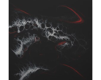 May include: A square canvas painting featuring an abstract fluid art design. The composition consists of a deep black background with intricate white lacy cell patterns and thin, sweeping streaks of vibrant red paint throughout.
