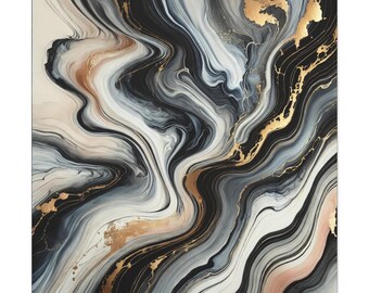 May include: A square wall art piece featuring an abstract fluid painting with swirling patterns of black, white, grey, and cream. The composition is accented with metallic gold veins and highlights that follow the organic, flowing lines throughout.