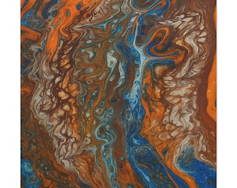May include: A square canvas featuring an abstract acrylic pour painting with swirling patterns of vibrant orange, deep brown, and various shades of blue. The colours blend in fluid, marbled lines with organic cell-like structures throughout.