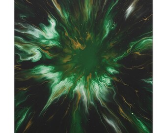 May include: Abstract canvas art with a central burst of deep green, encircled by flowing patterns of lighter green, white, and gold. The artwork has a dark background, creating a striking contrast and a sense of depth.