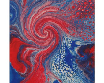 May include: Abstract art print with a swirling design in shades of red, white, and blue. The artwork features a spiral in the center, with fluid paint effects and bubble-like textures. The colour palette evokes a patriotic theme.