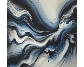 May include: A square wall art print featuring an abstract fluid painting with swirling waves of deep navy blue, slate grey, and creamy white. The composition displays smooth, elongated curves and blended gradients that create a sense of motion.