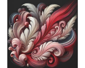 May include: An abstract digital artwork featuring swirling, layered plumes and curved ribbons in shades of deep red, soft pink, white, and dark grey. The composition creates a sense of fluid motion with intricate, feathery textures.