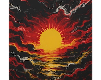 May include: A square wall art print featuring a bright yellow sun centred against a dark background. Swirling patterns of deep red, orange, and black surround the sun, creating a fluid, abstract effect that resembles smoke or clouds.