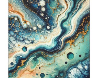 May include: An abstract fluid acrylic painting featuring swirling patterns of deep navy blue, turquoise, teal, and soft peach tones. The composition includes metallic gold veins and numerous circular cells of varying sizes throughout.
