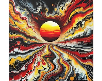 May include: A square canvas painting featuring an abstract fluid art design with a central circular sun-like sphere. The composition displays swirling patterns of vibrant red, bright yellow, deep black, and white paint in a dynamic, flowing motion.