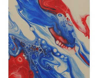 May include: Abstract art print with a fluid design in red, white, and blue. The artwork has a flowing, marbled effect with a neutral background. The colours blend and swirl, creating a dynamic and visually appealing piece.