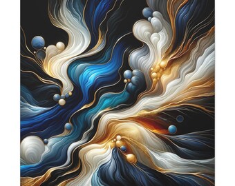 May include: A square wall art print featuring abstract flowing waves in shades of deep blue, white, and metallic gold. The composition includes swirling liquid-like patterns and scattered spherical orbs against a dark black background.