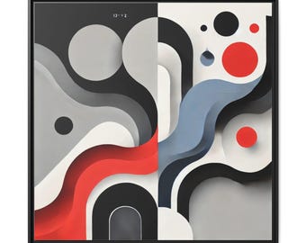 May include: A square wall art piece featuring a split composition of abstract shapes. The left side displays layered grey, black, and red curved forms. The right side shows blue, black, and white waves with red and black circles. Text reads 13-92.