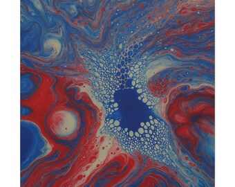 May include: A square canvas featuring an abstract acrylic pour painting with swirling patterns of red, white, and blue. The centre displays a distinct cell-like structure with white and blue circular shapes surrounded by fluid paint.