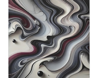May include: A square abstract wall art piece featuring fluid, swirling patterns in shades of white, grey, charcoal, and deep burgundy. The composition includes two small, smooth, solid black spheres placed on the lighter, flatter sections.
