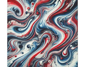 May include: A square abstract painting featuring fluid, swirling patterns of red, white, and dark blue paint. The composition displays interconnected, marbled lines and organic shapes that create a sense of movement across the entire surface.