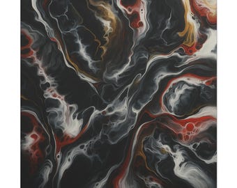 May include: Square canvas print with an abstract design. The artwork features a swirling pattern of black, white, red, and gold. The design resembles flowing marble or liquid, creating a dynamic and textured visual effect. The canvas is square.