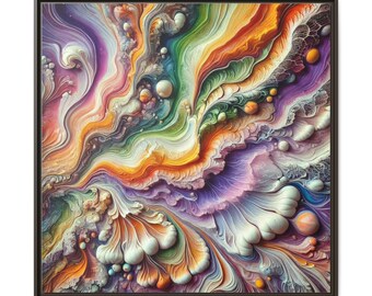 May include: A square framed wall art piece featuring a vibrant, multi-coloured abstract composition. The design displays swirling, fluid-like textures in shades of purple, orange, yellow, green, and blue, accented by numerous small, raised white and orange spheres.