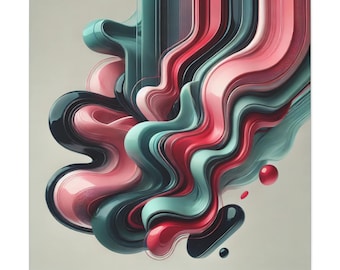 May include: Abstract digital artwork featuring flowing, glossy ribbons in shades of teal, dark green, and soft pink. The fluid, wave-like forms create a sense of motion, accented by small, smooth spheres floating near the bottom right corner.