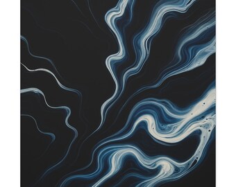 May include: Square abstract art print with a dark background and flowing, wavy lines in blue and white. The design evokes marble or liquid, creating a dynamic and modern aesthetic. The artwork is a square canvas.