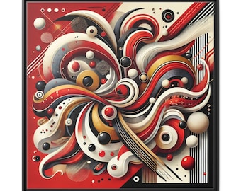 May include: A square wall art piece featuring an abstract composition of swirling red, black, white, and gold ribbons, spheres, and geometric lines. The design includes layered curves and circular elements set against a deep red and black background.