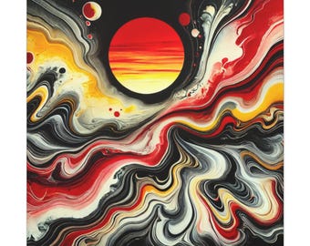 May include: A square canvas print featuring an abstract fluid acrylic painting with a large, vibrant red and yellow sun-like circle centred against a black background, surrounded by swirling, marbled waves of red, yellow, white, and black paint.