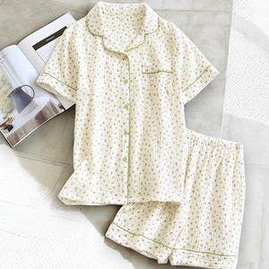 Cute Two Piece Pyjama Set For Women, Sleepwear With Short Sleeves Shirt, Summer Style Shorts, Floral Print Cotton Pyjama Set, Gift For Her