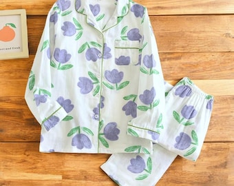 Comfy Two Piece Pyjama Set For Women, Cute Printed Cotton Pyjama Set, Sleepwear Loose Pant With Collared Shirt Summer Clothing, Gift For Her