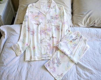 Sakura Print Sleepwear Set, Long-Sleeved Viscose Cotton Trouser Suit for Women, Comfortable Nightwear Gift For Her