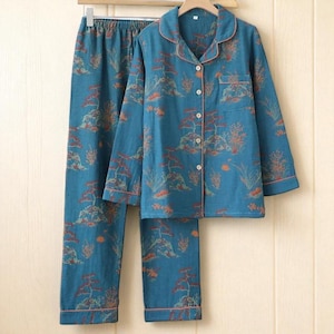 Retro pyjamasset i bomull, långärmad topp och byxor, tvådelat vävt loungeplagg för kvinnor