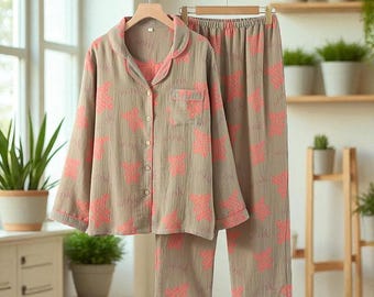 Comfy Women’s Pyjamas, Cotton Long-Sleeved Two Piece Pyjama Set, Cozy Homewear Sleepwear Suit, Gift for Her