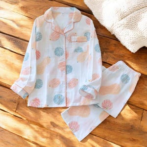 Comfy Two Piece Pyjama Set For Women, Cute Printed Cotton Pyjama Set, Sleepwear Loose Pant With Collared Shirt Summer Clothing, Gift For Her