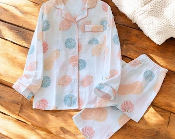 Comfy Two Piece Pyjama Set For Women, Cute Printed Cotton Pyjama Set, Sleepwear Loose Pant With Collared Shirt Summer Clothing, Gift For Her
