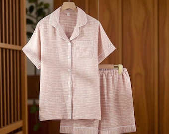 Couples Summer Pyjama Set  Cotton, Lightweight Two-Piece Lounge wear with Short Sleeves and Shorts for Men and Women, Soft and Breathable