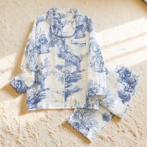 Cotton Pyjama Set for Men & Women, Two Piece Pyjama Set, Blue Printed Pyjamas, Unisex Sleepwear Set, Matching Lounge Set, Comfy Nightwear