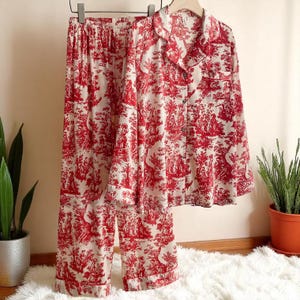 Floral Print Satin Pyjama Set, Loungewear For Women, Loose Fitting Trouser & Shirt, Printed Pyjama Set, Long Sleeves V Neck Shirt, Wife Gift