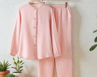 Cotton Aesthetic Pyjama Set, Long Sleeve Loungewear Shirt And Matching Trousers, Soft Lightweight Homewear Sleep Set For Women