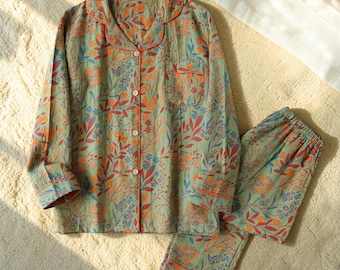 Conjunto de pijama floral, conjunto de pijama de algodón estampado estilo vintage unisex, conjunto de pijama de dos piezas, conjunto de descanso a juego, ropa de dormir cómoda